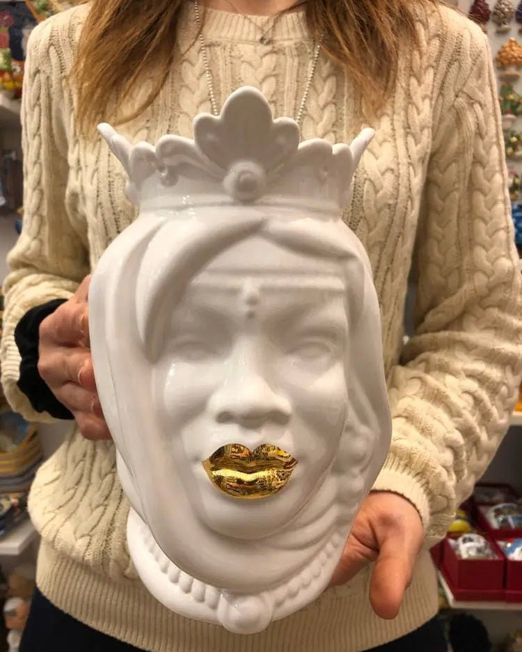 Teste di Moro Afro Ceramica Caltagirone cm H.25 L.17 Artigianale Bianco dettagli Oro DD CERAMICHE SICILIANE
