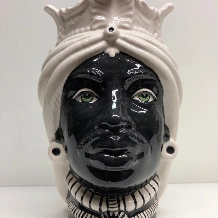 Teste di Moro Afro Ceramica Caltagirone cm H.25 L.17 Artigianale Bicolore Bianco Nero DD CERAMICHE SICILIANE