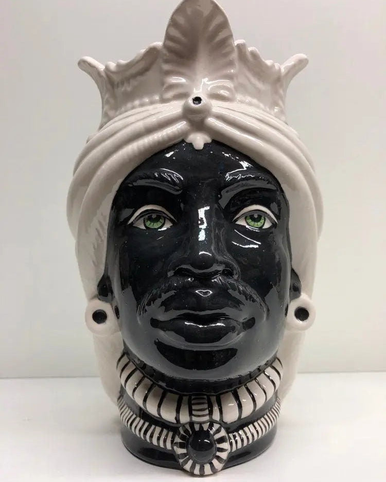 Teste di Moro Afro Ceramica Caltagirone cm H.25 L.17 Artigianale Bicolore Bianco Nero DD CERAMICHE SICILIANE