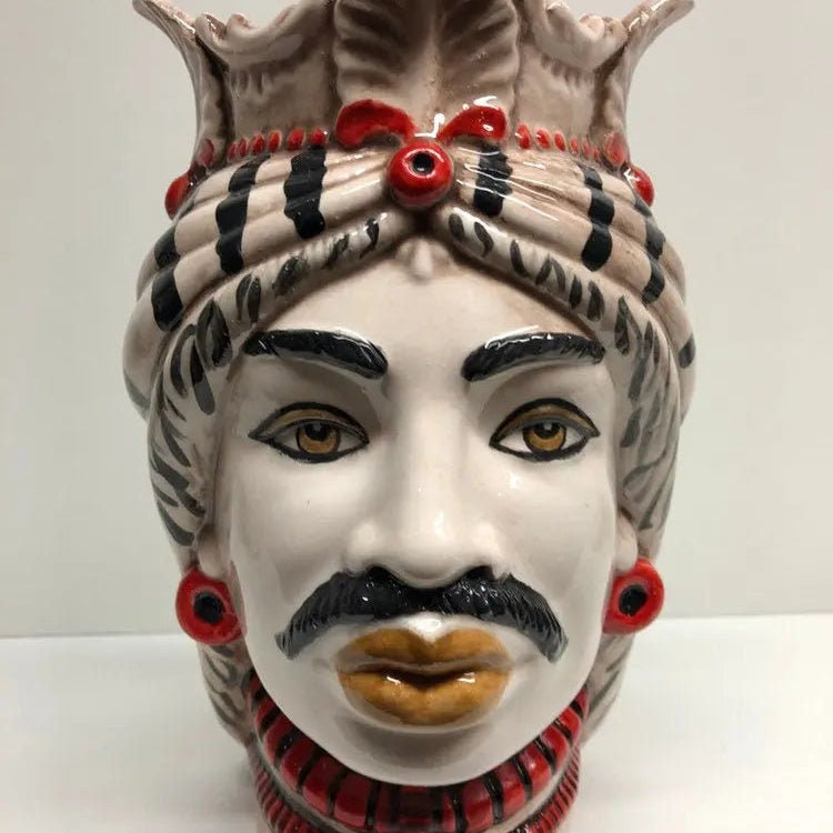 Teste di Moro Afro Ceramica Caltagirone cm H.25 L.17 Artigianale Turbante Striscie DD CERAMICHE SICILIANE