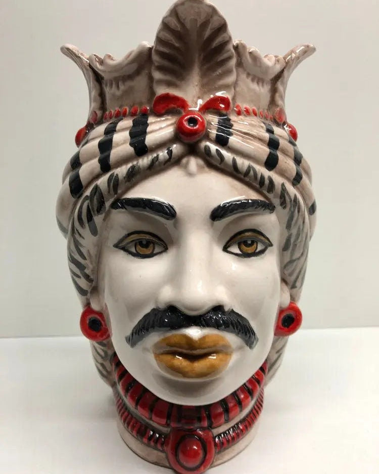 Teste di Moro Afro Ceramica Caltagirone cm H.25 L.17 Artigianale Turbante Striscie DD CERAMICHE SICILIANE