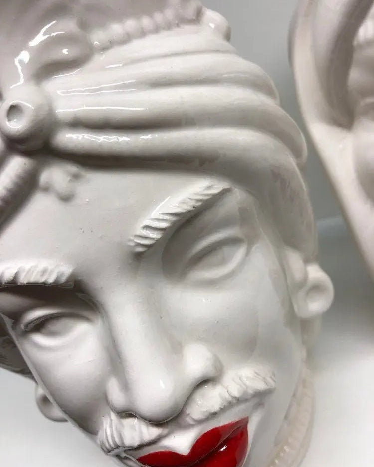 Teste di Moro Afro Ceramica Caltagirone cm H.25 L.17 Artigianale Bianco Labbra Rosse DD CERAMICHE SICILIANE