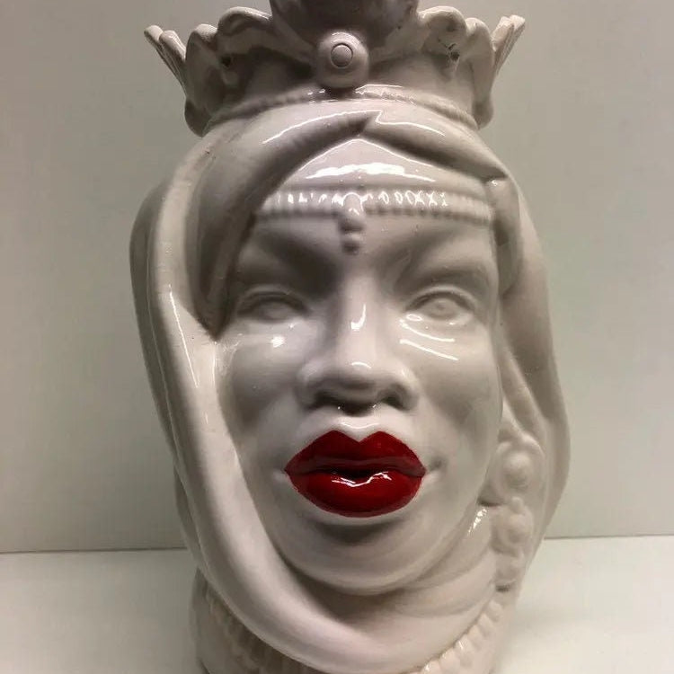 Teste di Moro Afro Ceramica Caltagirone cm H.25 L.17 Artigianale Bianco Labbra Rosse DD CERAMICHE SICILIANE