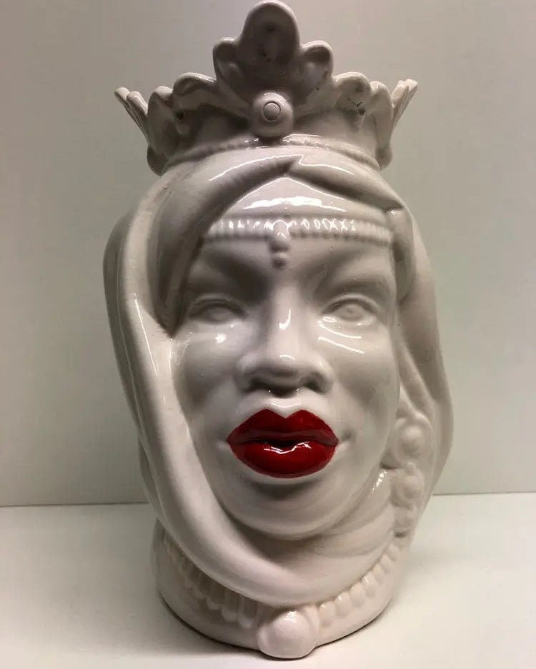 Teste di Moro Afro Ceramica Caltagirone cm H.25 L.17 Artigianale Bianco Labbra Rosse DD CERAMICHE SICILIANE