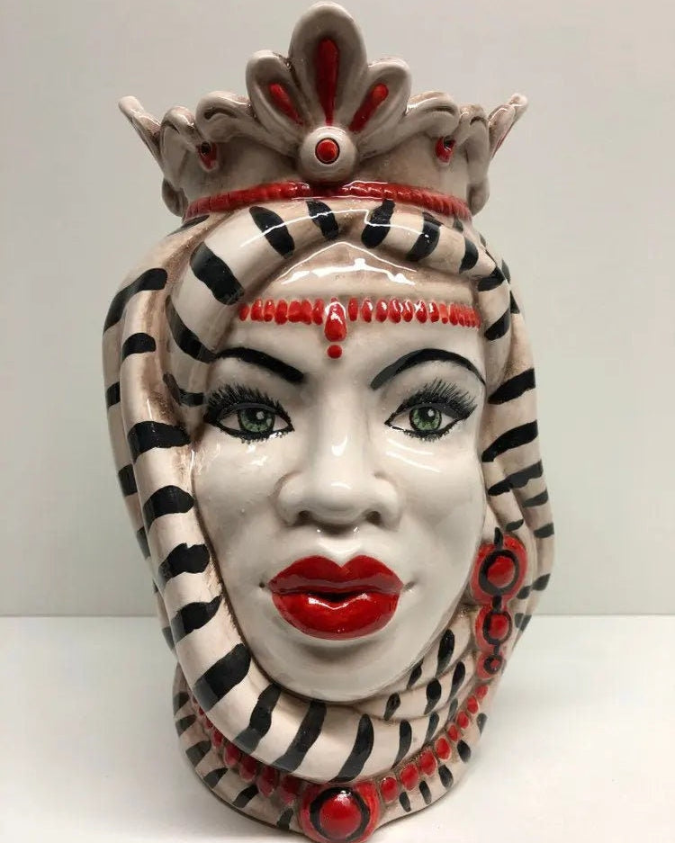 Teste di Moro Afro Ceramica Caltagirone cm H.25 L.17 Artigianale Turbante Striscie DD CERAMICHE SICILIANE