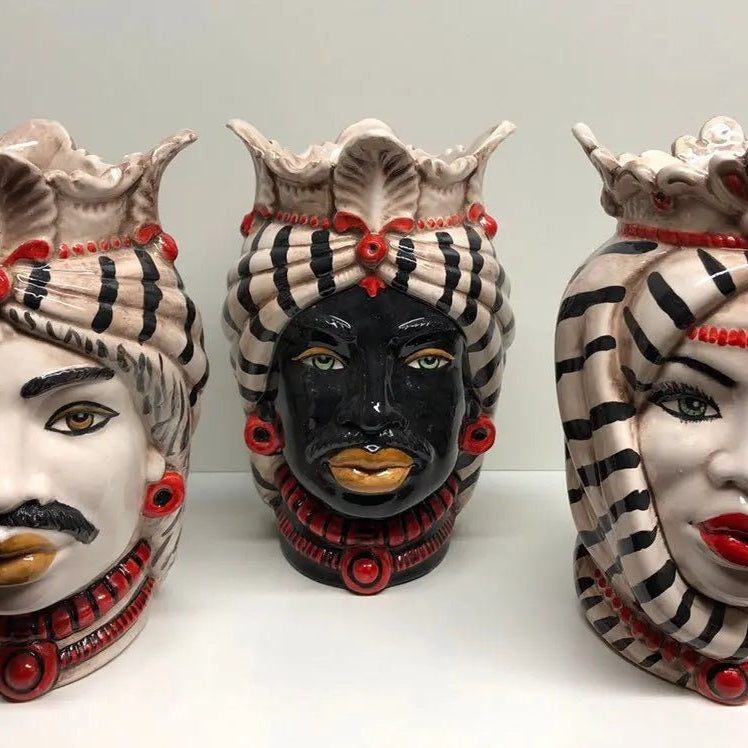 Teste di Moro Afro Ceramica Caltagirone cm H.25 L.17 Artigianale Turbante Striscie DD CERAMICHE SICILIANE