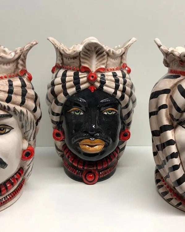 Teste di Moro Afro Ceramica Caltagirone cm H.25 L.17 Artigianale Turbante Striscie DD CERAMICHE SICILIANE