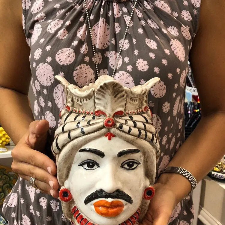 Teste di Moro Afro Ceramica Caltagirone cm H.25 L.17 Artigianale Turbante Striscie DD CERAMICHE SICILIANE