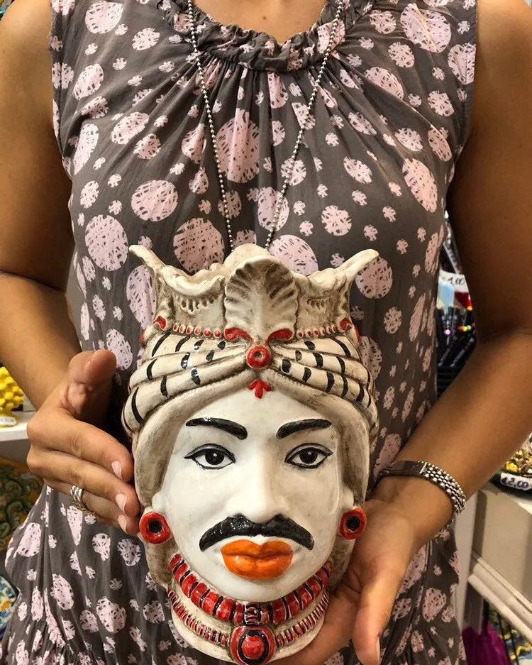 Teste di Moro Afro Ceramica Caltagirone cm H.25 L.17 Artigianale Turbante Striscie DD CERAMICHE SICILIANE