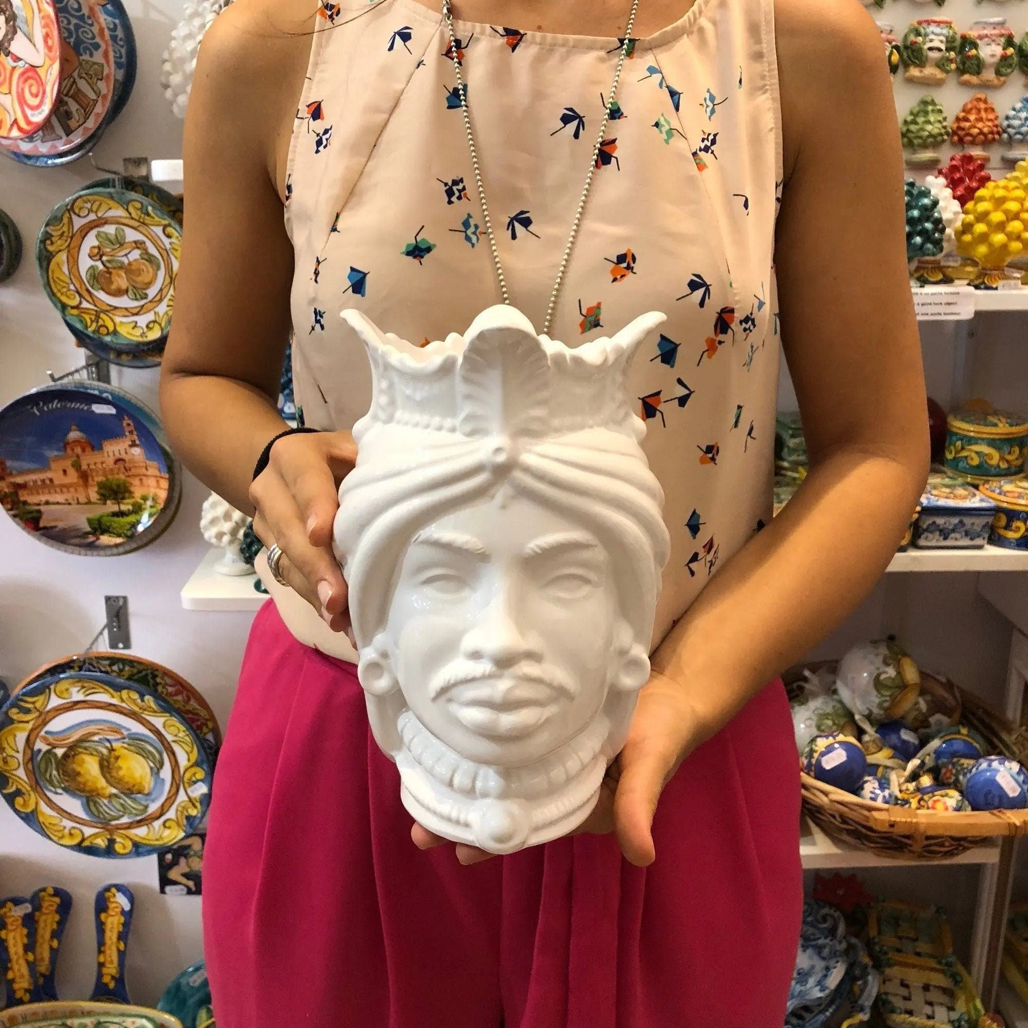 Teste di Moro Afro Ceramica Caltagirone cm H.25 L.17 Artigianale Bianco DD CERAMICHE SICILIANE