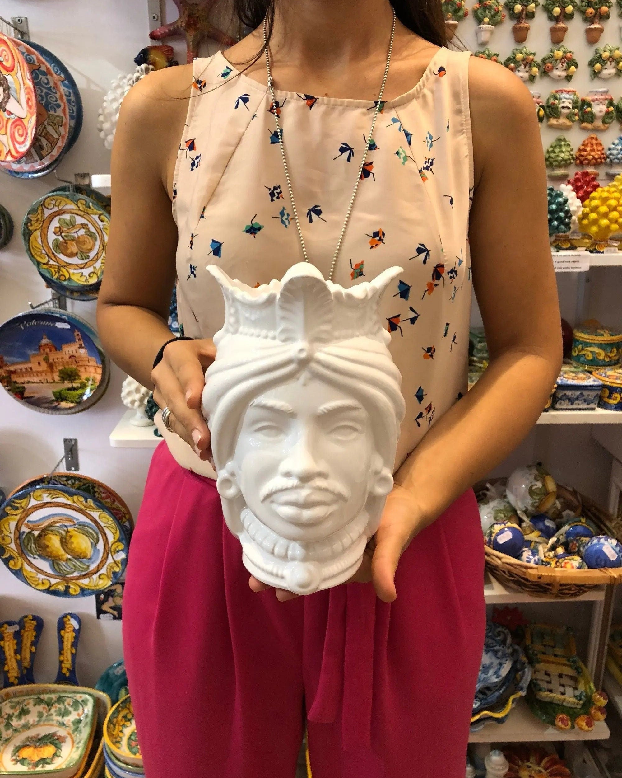 Teste di Moro Afro Ceramica Caltagirone cm H.25 L.17 Artigianale Bianco DD CERAMICHE SICILIANE