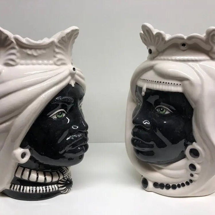 Teste di Moro Afro Ceramica Caltagirone cm H.25 L.17 Artigianale Bicolore Bianco Nero DD CERAMICHE SICILIANE