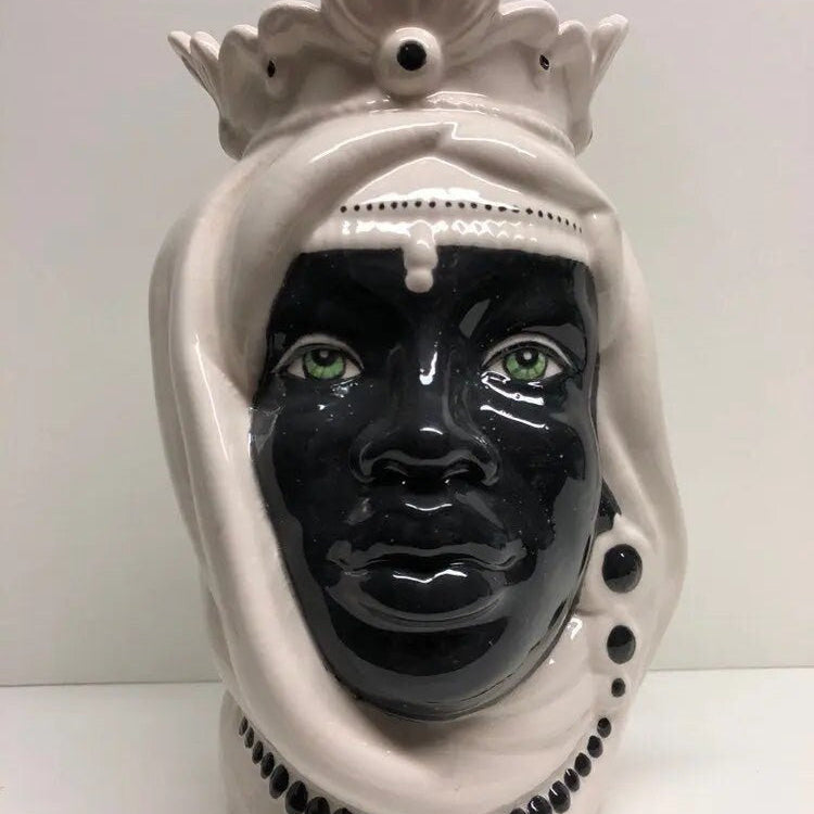 Teste di Moro Afro Ceramica Caltagirone cm H.25 L.17 Artigianale Bicolore Bianco Nero DD CERAMICHE SICILIANE