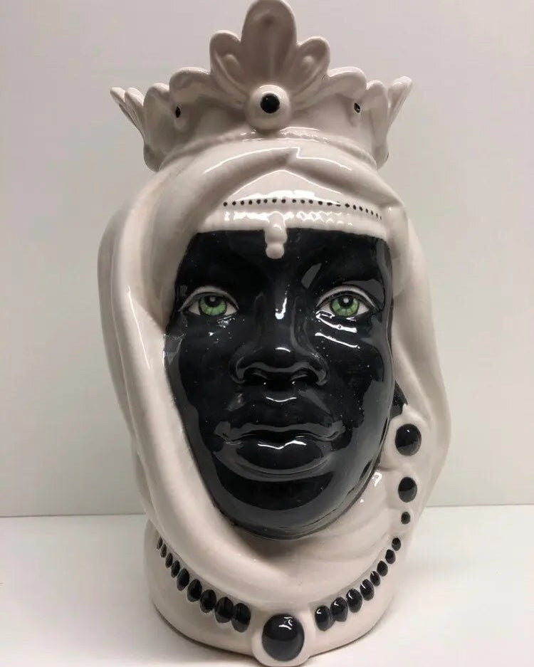 Teste di Moro Afro Ceramica Caltagirone cm H.25 L.17 Artigianale Bicolore Bianco Nero DD CERAMICHE SICILIANE