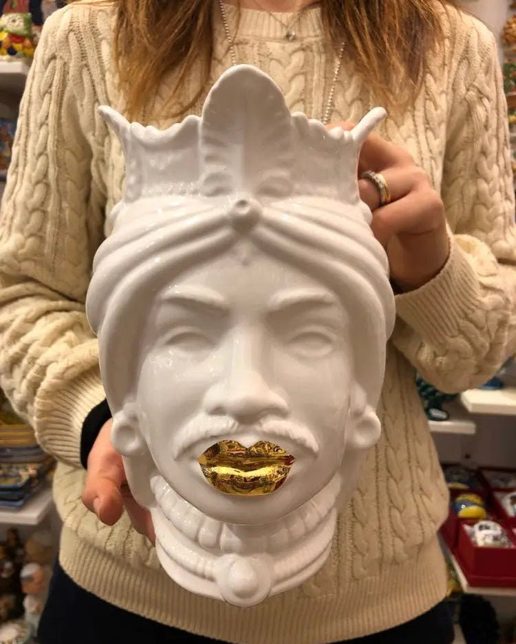 Teste di Moro Afro Ceramica Caltagirone cm H.25 L.17 Artigianale Bianco dettagli Oro DD CERAMICHE SICILIANE