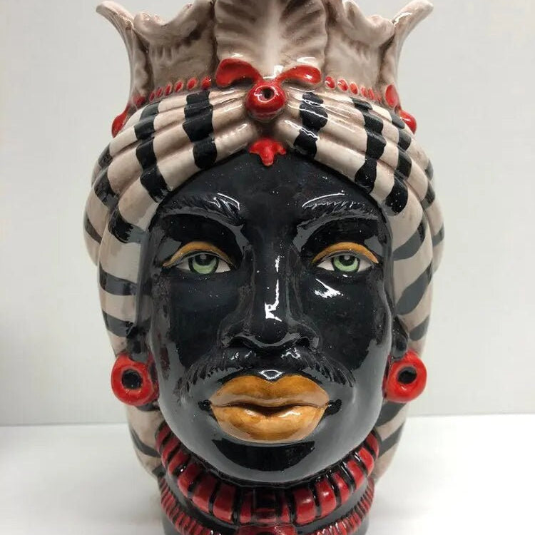 Teste di Moro Afro Ceramica Caltagirone cm H.25 L.17 Artigianale Turbante Striscie DD CERAMICHE SICILIANE