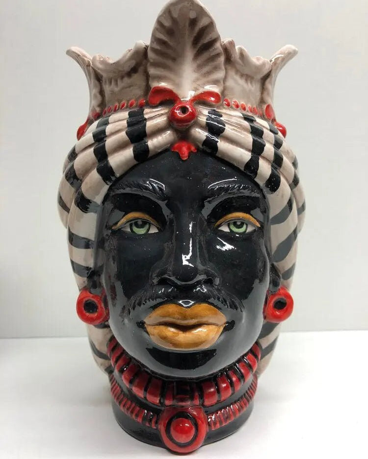 Teste di Moro Afro Ceramica Caltagirone cm H.25 L.17 Artigianale Turbante Striscie DD CERAMICHE SICILIANE