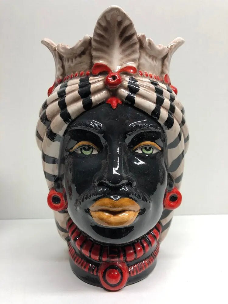 Teste di Moro Afro Ceramica Caltagirone cm H.25 L.17 Artigianale Turbante Striscie DD CERAMICHE SICILIANE