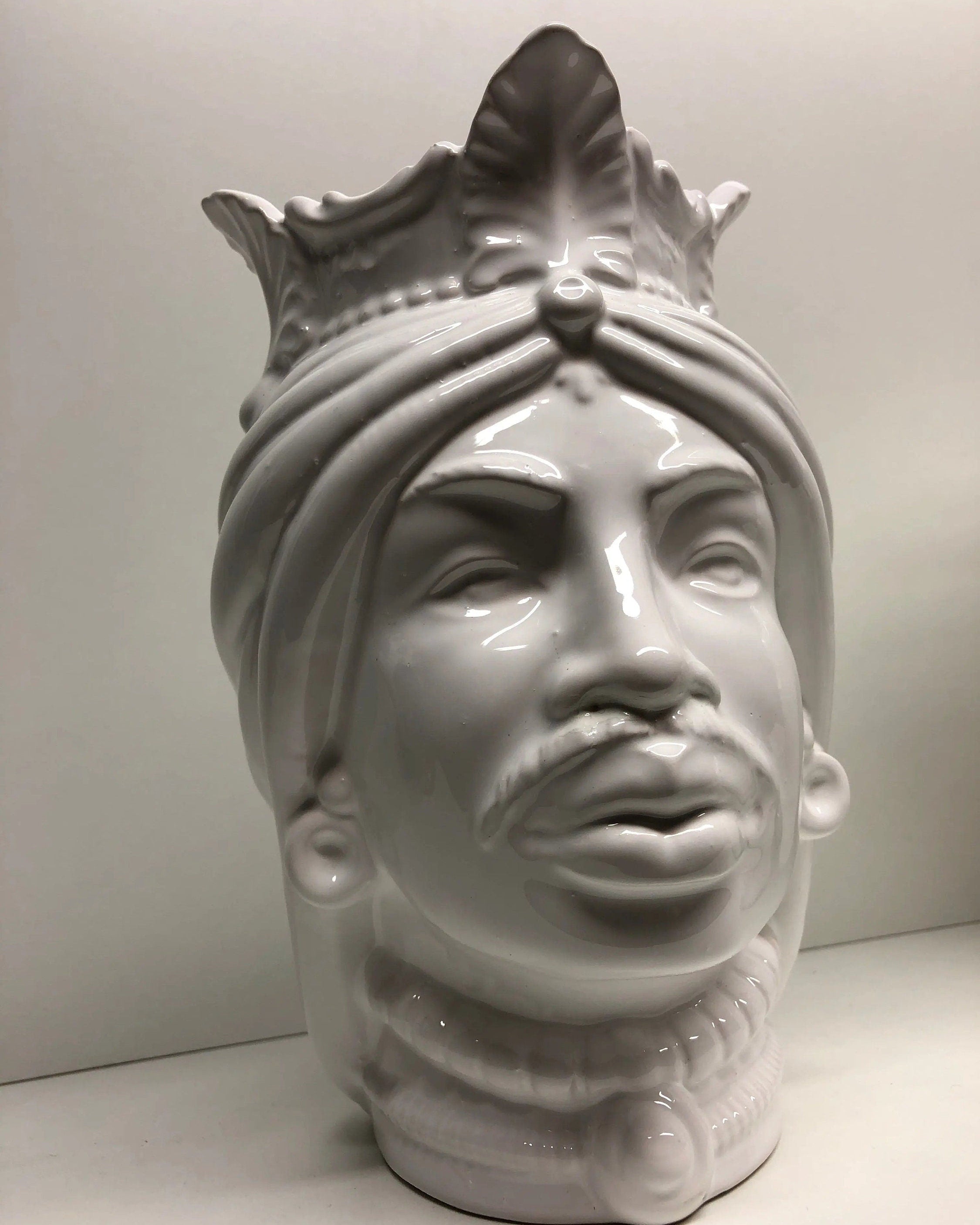 Teste di Moro Afro Ceramica Caltagirone cm H.25 L.17 Artigianale Bianco DD CERAMICHE SICILIANE