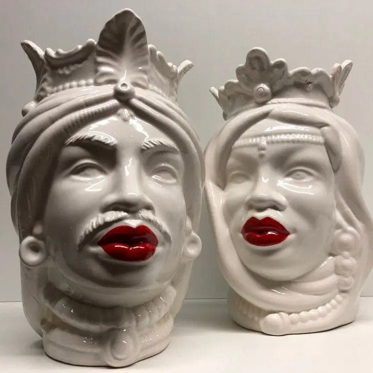 Teste di Moro Afro Ceramica Caltagirone cm H.25 L.17 Artigianale Bianco Labbra Rosse DD CERAMICHE SICILIANE