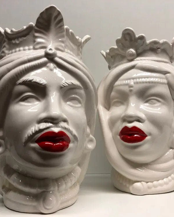 Teste di Moro Afro Ceramica Caltagirone cm H.25 L.17 Artigianale Bianco Labbra Rosse DD CERAMICHE SICILIANE