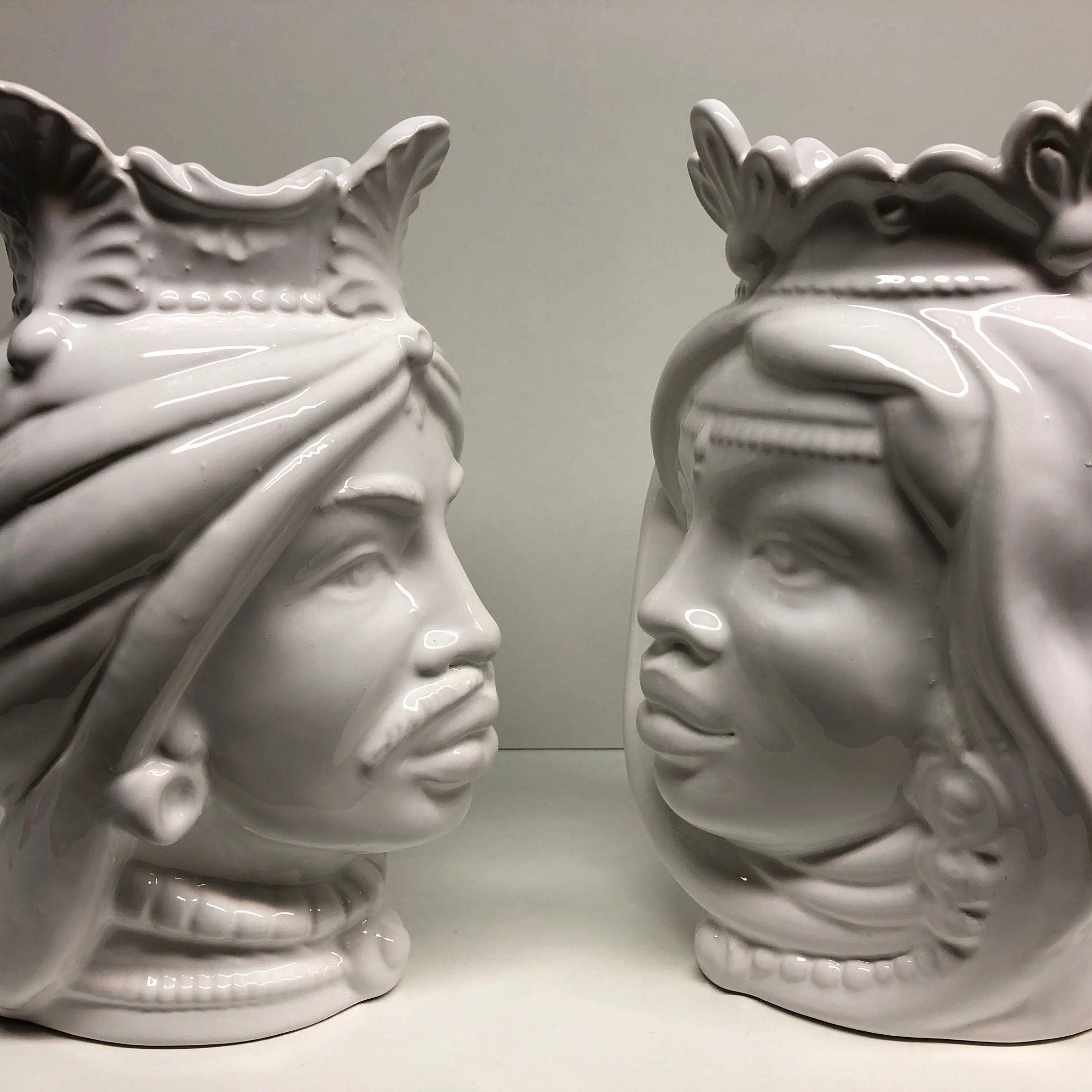 Teste di Moro Afro Ceramica Caltagirone cm H.25 L.17 Artigianale Bianco DD CERAMICHE SICILIANE