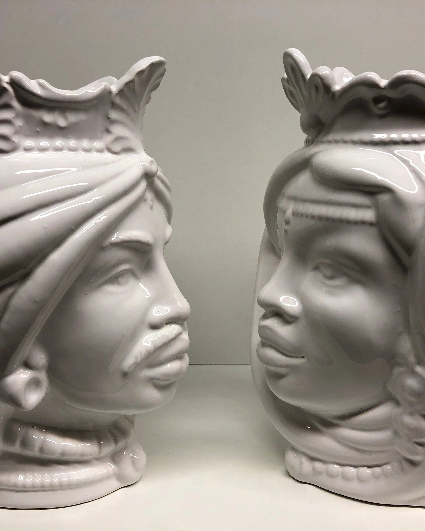 Teste di Moro Afro Ceramica Caltagirone cm H.25 L.17 Artigianale Bianco DD CERAMICHE SICILIANE