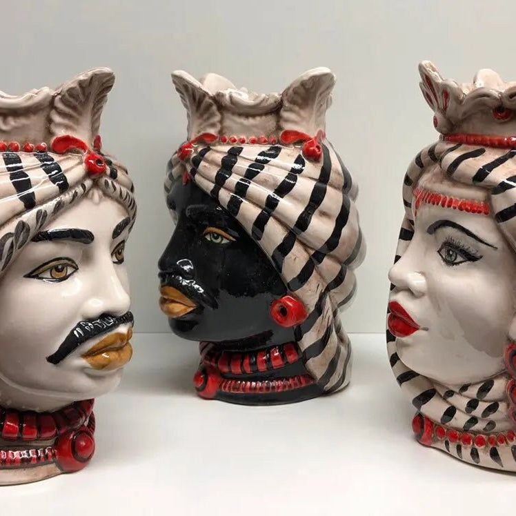 Teste di Moro Afro Ceramica Caltagirone cm H.25 L.17 Artigianale Turbante Striscie DD CERAMICHE SICILIANE