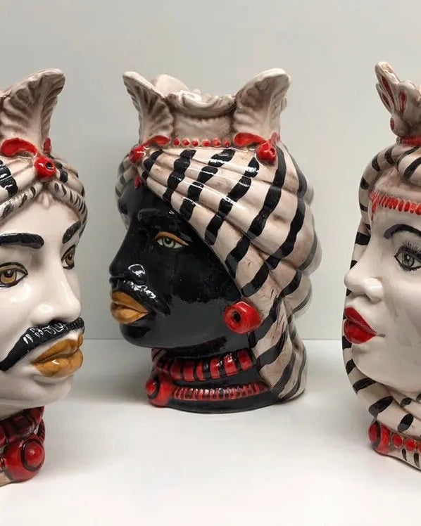 Teste di Moro Afro Ceramica Caltagirone cm H.25 L.17 Artigianale Turbante Striscie DD CERAMICHE SICILIANE