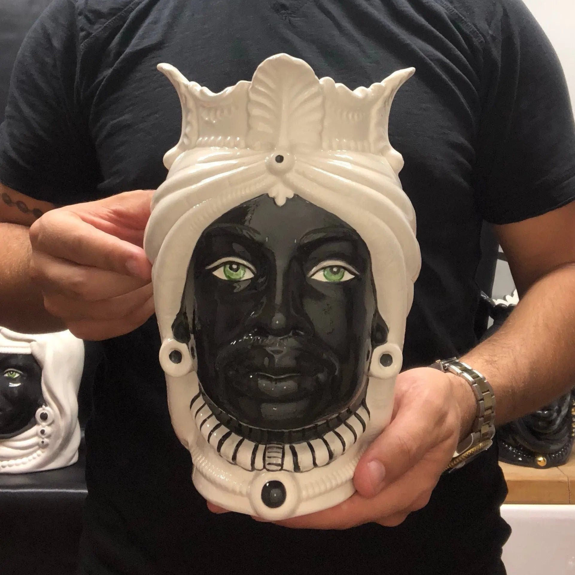 Teste di Moro Afro Ceramica Caltagirone cm H.25 L.17 Artigianale Bicolore Bianco Nero DD CERAMICHE SICILIANE