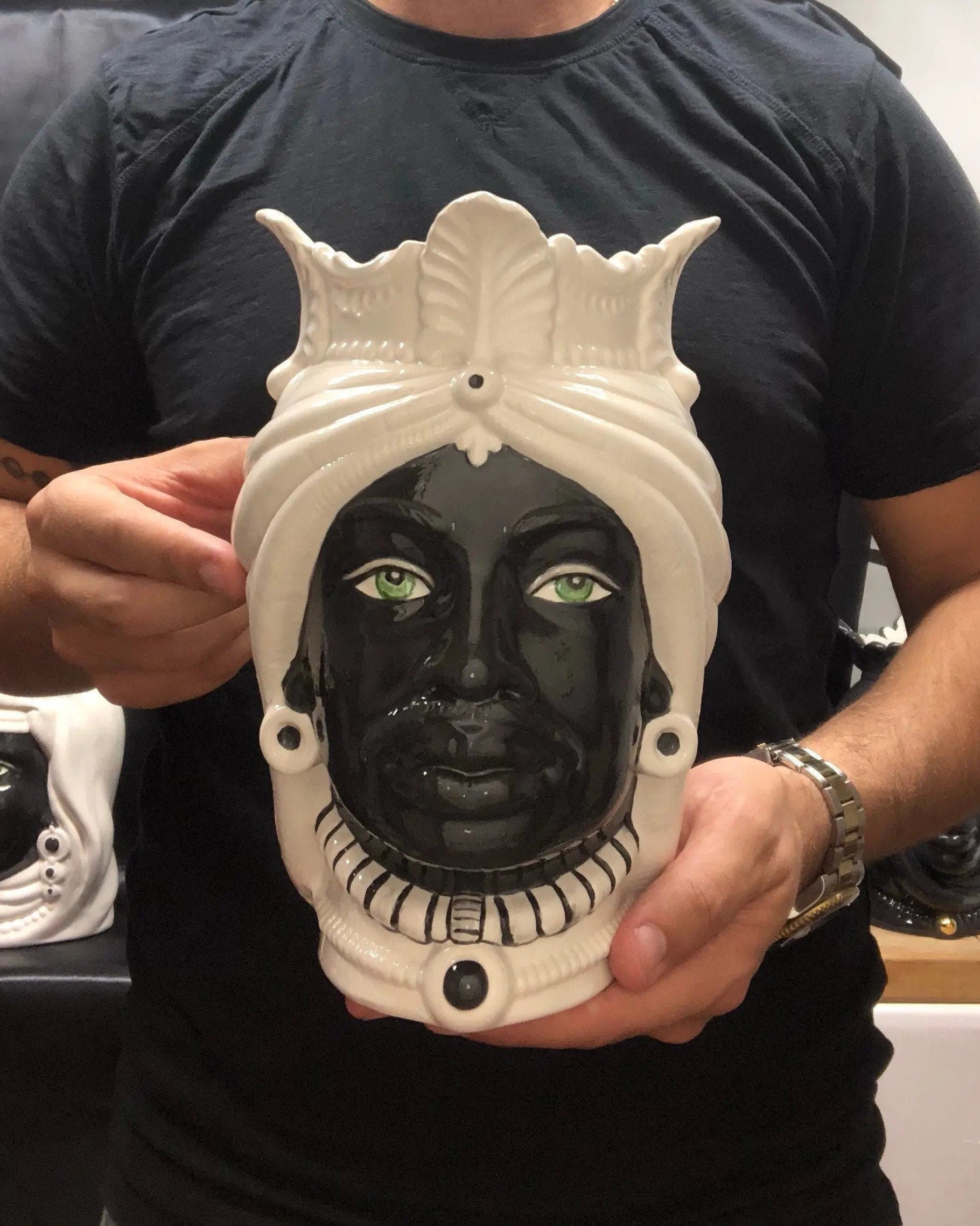 Teste di Moro Afro Ceramica Caltagirone cm H.25 L.17 Artigianale Bicolore Bianco Nero DD CERAMICHE SICILIANE