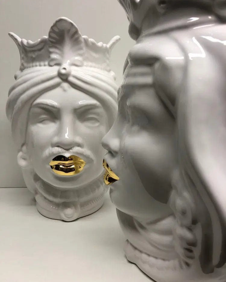 Teste di Moro Afro Ceramica Caltagirone cm H.25 L.17 Artigianale Bianco dettagli Oro DD CERAMICHE SICILIANE