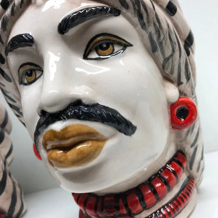 Teste di Moro Afro Ceramica Caltagirone cm H.25 L.17 Artigianale Turbante Striscie DD CERAMICHE SICILIANE