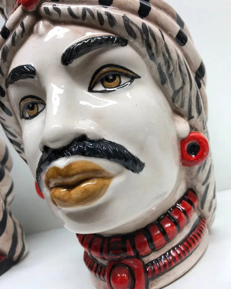 Teste di Moro Afro Ceramica Caltagirone cm H.25 L.17 Artigianale Turbante Striscie DD CERAMICHE SICILIANE