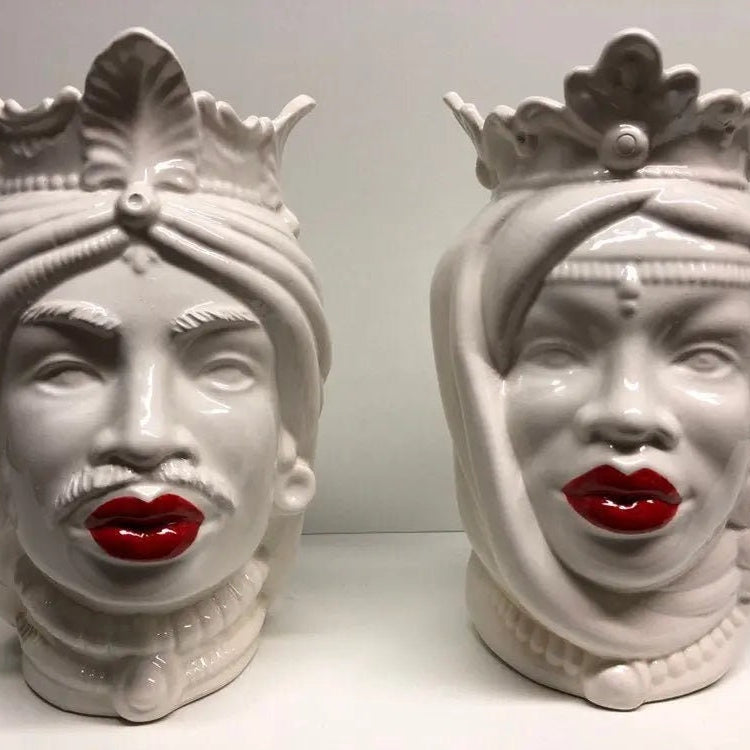 Teste di Moro Afro Ceramica Caltagirone cm H.25 L.17 Artigianale Bianco Labbra Rosse DD CERAMICHE SICILIANE