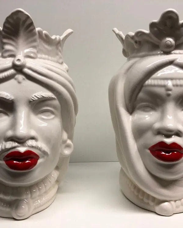 Teste di Moro Afro Ceramica Caltagirone cm H.25 L.17 Artigianale Bianco Labbra Rosse DD CERAMICHE SICILIANE