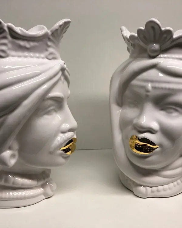 Teste di Moro Afro Ceramica Caltagirone cm H.25 L.17 Artigianale Bianco dettagli Oro DD CERAMICHE SICILIANE