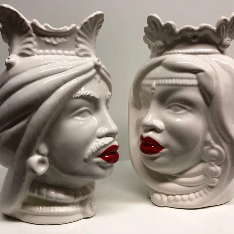 Teste di Moro Afro Ceramica Caltagirone cm H.25 L.17 Artigianale Bianco Labbra Rosse DD CERAMICHE SICILIANE