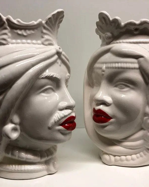 Teste di Moro Afro Ceramica Caltagirone cm H.25 L.17 Artigianale Bianco Labbra Rosse DD CERAMICHE SICILIANE