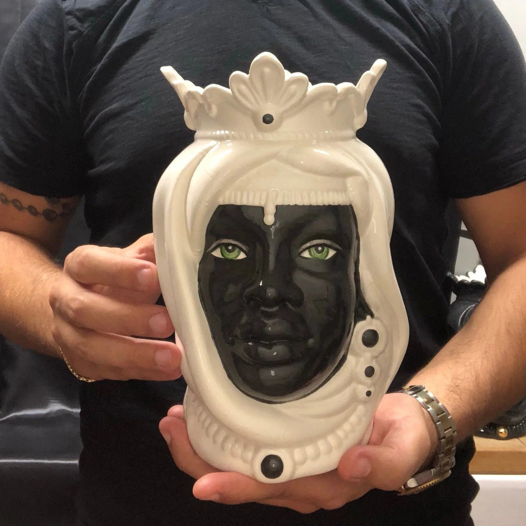 Teste di Moro Afro Ceramica Caltagirone cm H.25 L.17 Artigianale Bicolore Bianco Nero DD CERAMICHE SICILIANE