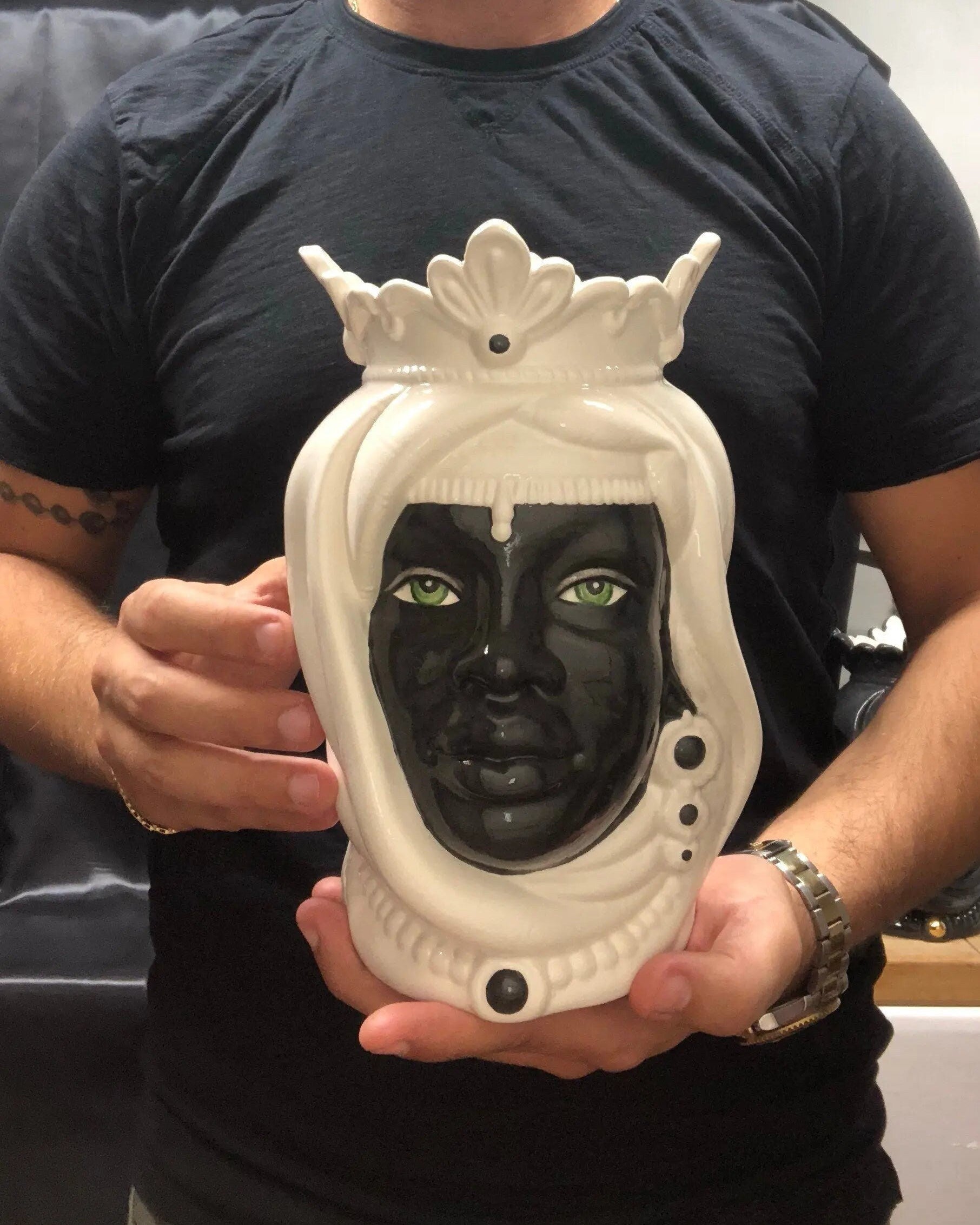 Teste di Moro Afro Ceramica Caltagirone cm H.25 L.17 Artigianale Bicolore Bianco Nero DD CERAMICHE SICILIANE