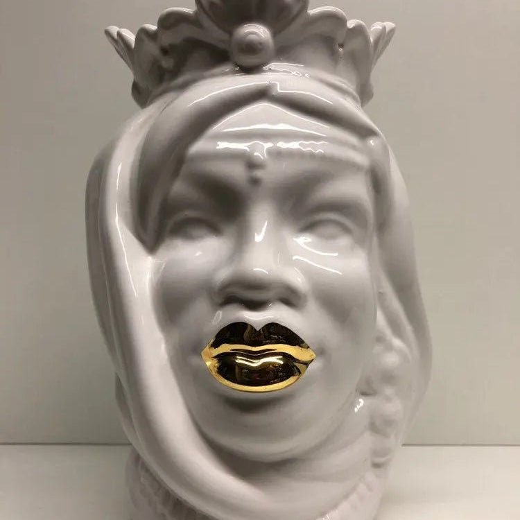 Teste di Moro Afro Ceramica Caltagirone cm H.25 L.17 Artigianale Bianco dettagli Oro DD CERAMICHE SICILIANE