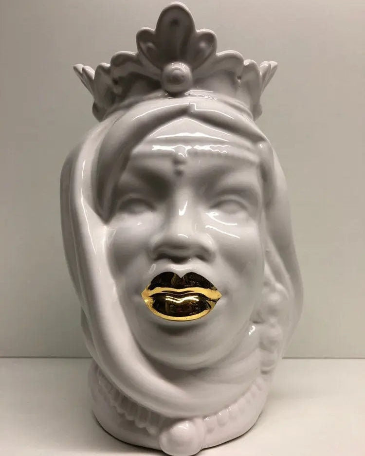 Teste di Moro Afro Ceramica Caltagirone cm H.25 L.17 Artigianale Bianco dettagli Oro DD CERAMICHE SICILIANE