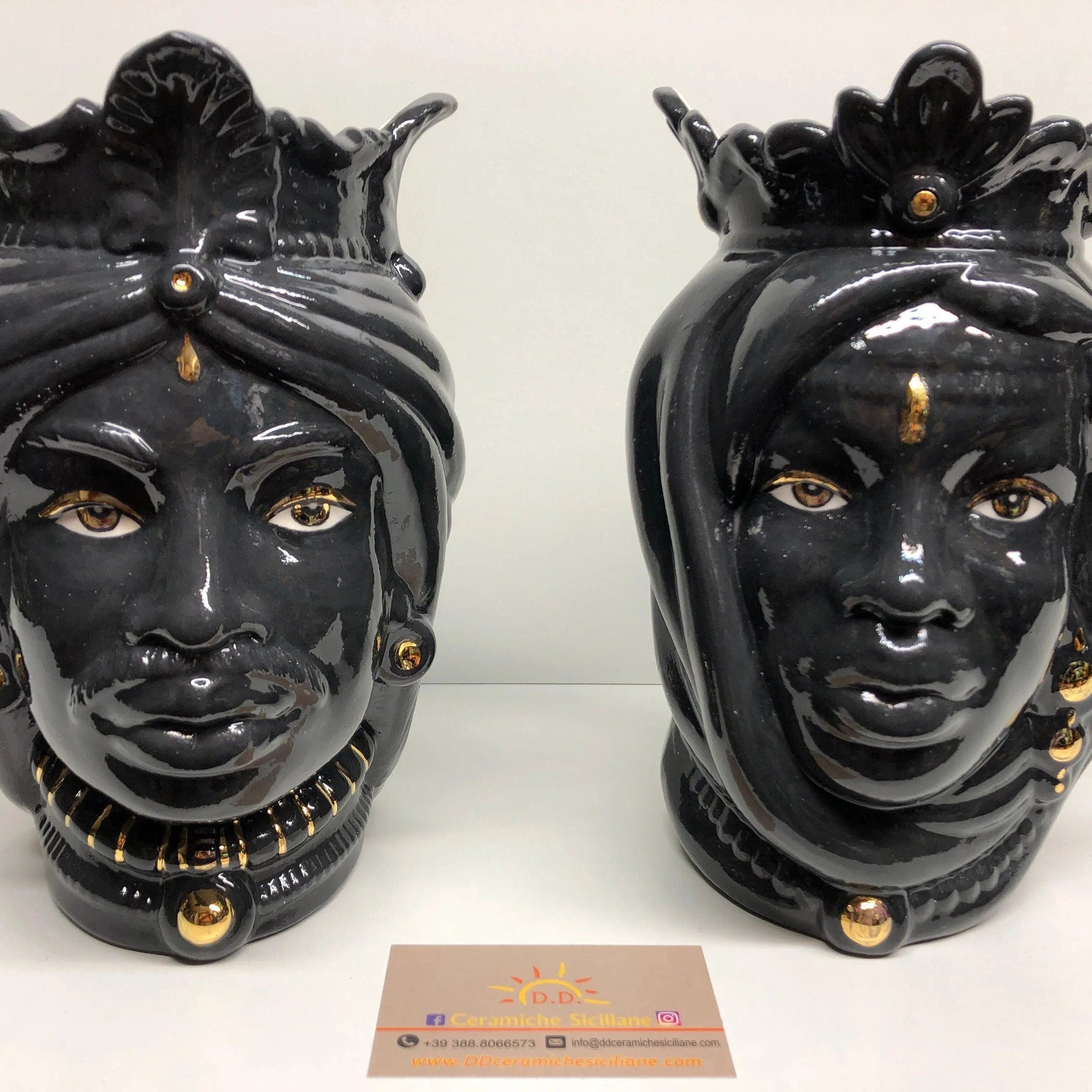Teste di Moro Afro Ceramica Caltagirone cm H.25 L.17 Artigianale Nero dettagli Oro DD CERAMICHE SICILIANE