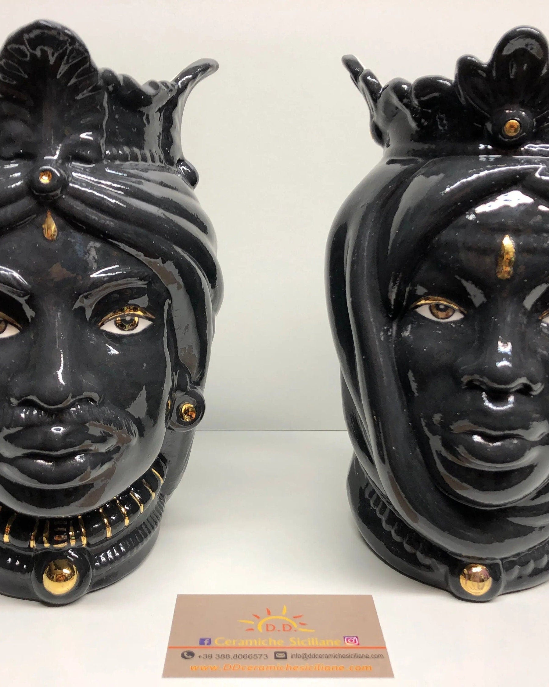 Teste di Moro Afro Ceramica Caltagirone cm H.25 L.17 Artigianale Nero dettagli Oro DD CERAMICHE SICILIANE