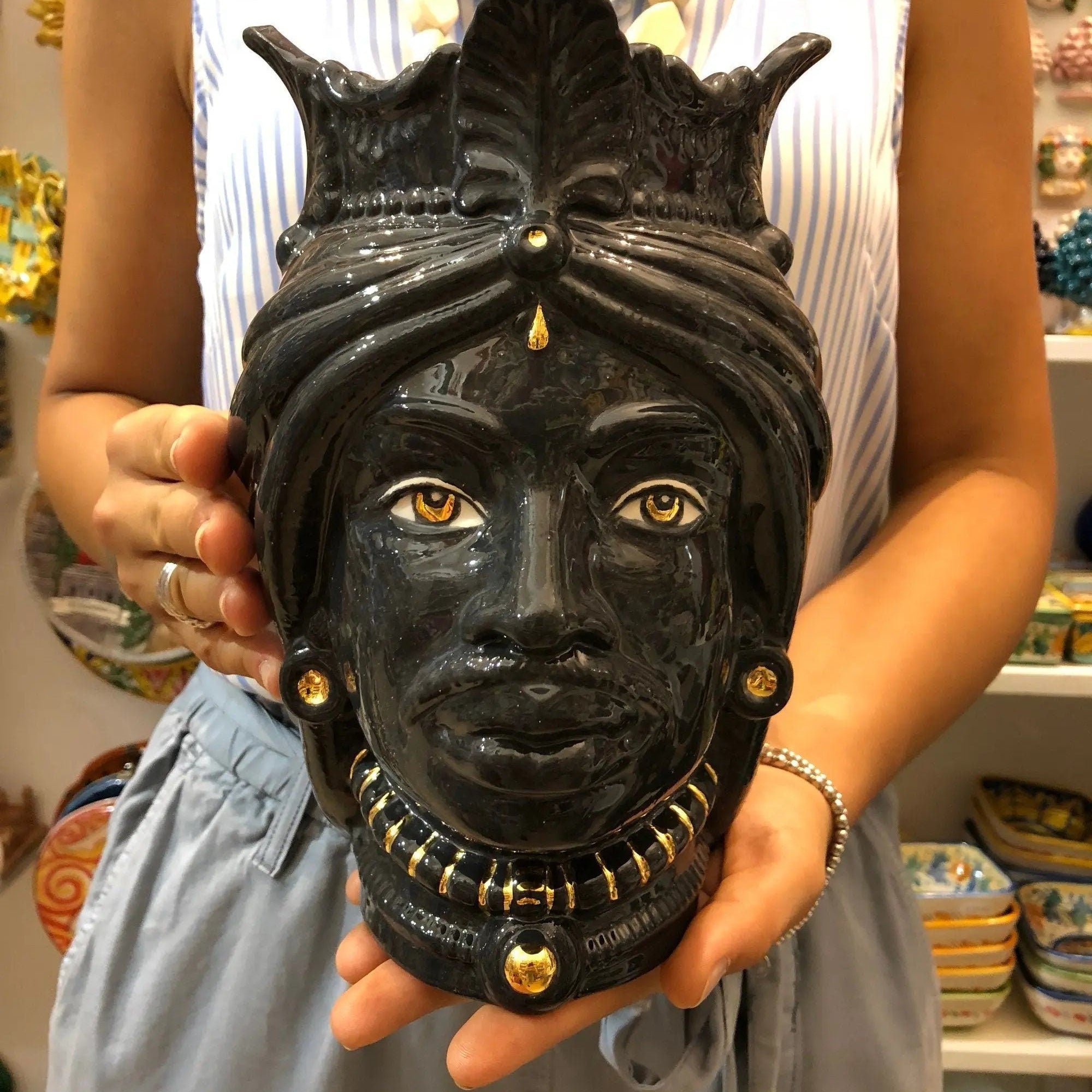 Teste di Moro Afro Ceramica Caltagirone cm H.25 L.17 Artigianale Nero dettagli Oro DD CERAMICHE SICILIANE
