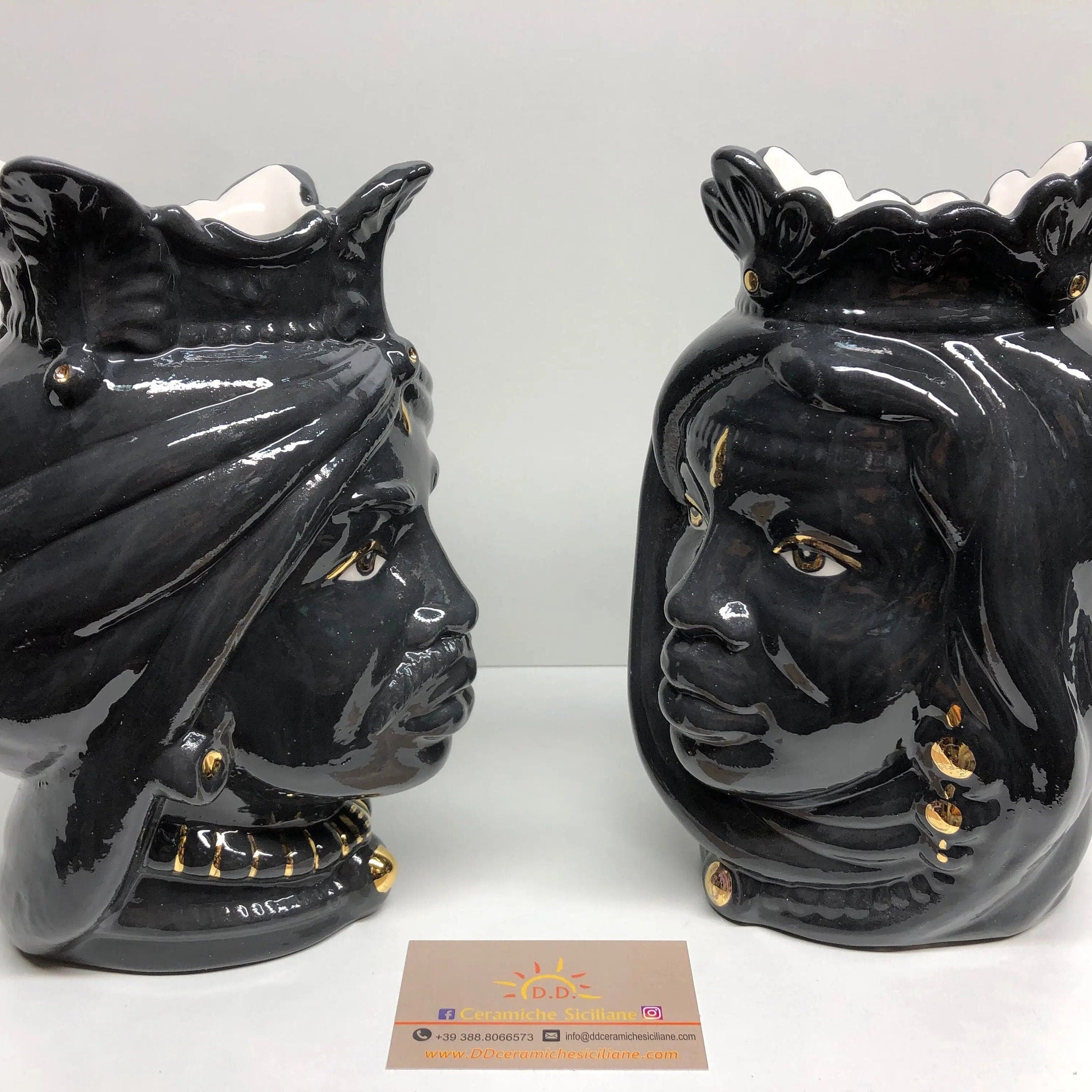 Teste di Moro Afro Ceramica Caltagirone cm H.25 L.17 Artigianale Nero dettagli Oro DD CERAMICHE SICILIANE