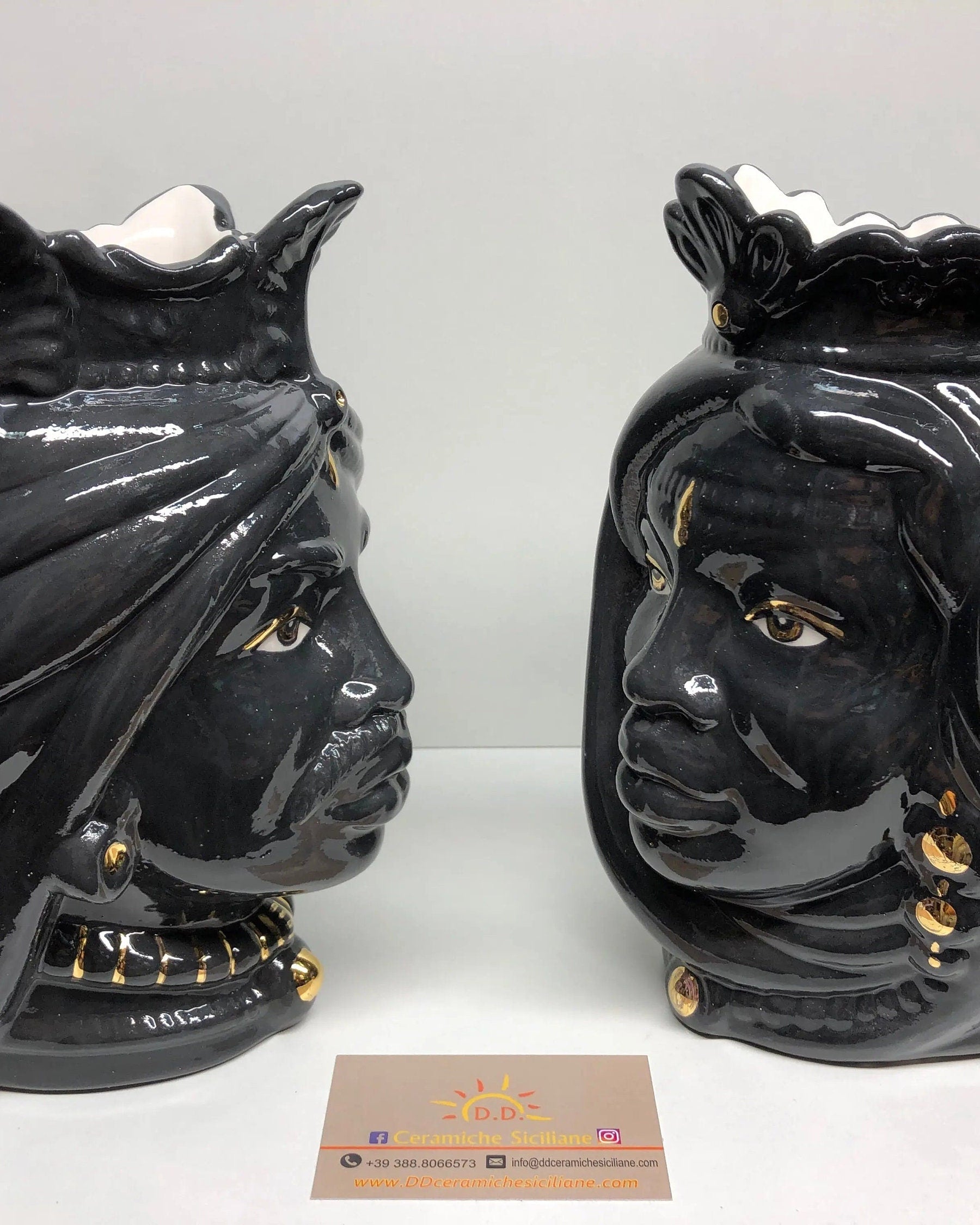 Teste di Moro Afro Ceramica Caltagirone cm H.25 L.17 Artigianale Nero dettagli Oro DD CERAMICHE SICILIANE