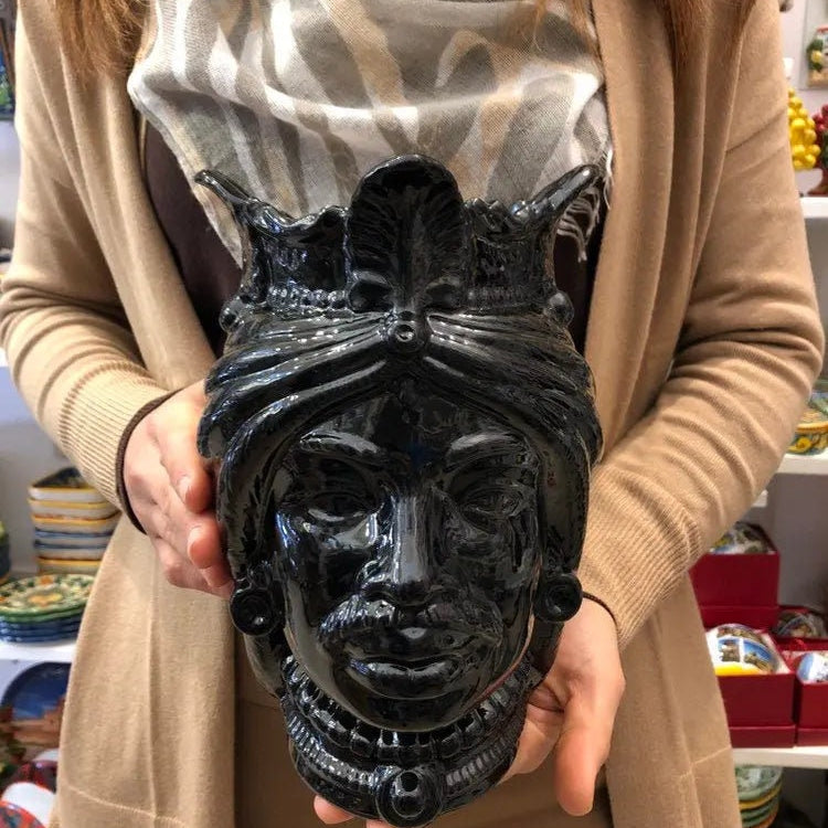 Teste di Moro Afro Ceramica Caltagirone cm H.25 L.17 Artigianale Nero Lucido DD CERAMICHE SICILIANE