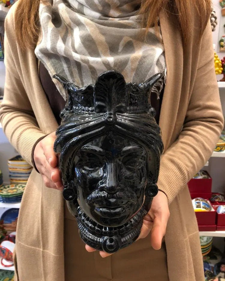 Teste di Moro Afro Ceramica Caltagirone cm H.25 L.17 Artigianale Nero Lucido DD CERAMICHE SICILIANE